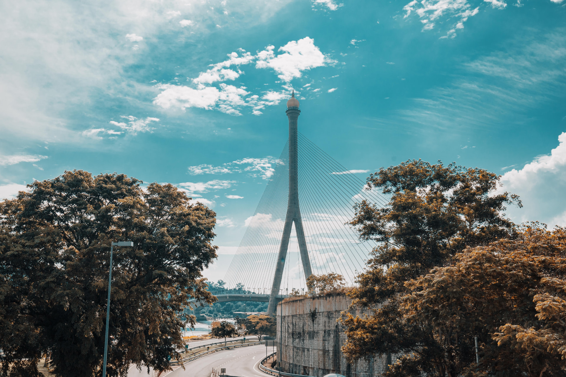 The cable-stayed Sungai Kebun bridge rising above the river and treetops in Brunei Darussalam.